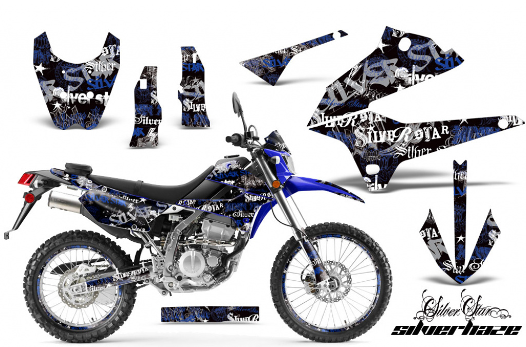 SilverStar - Silverhaze Hintergrund = Schwarz, Designfarbe = Blau mit Nummernfeldern für Kawasaki KLX250 2008-2018