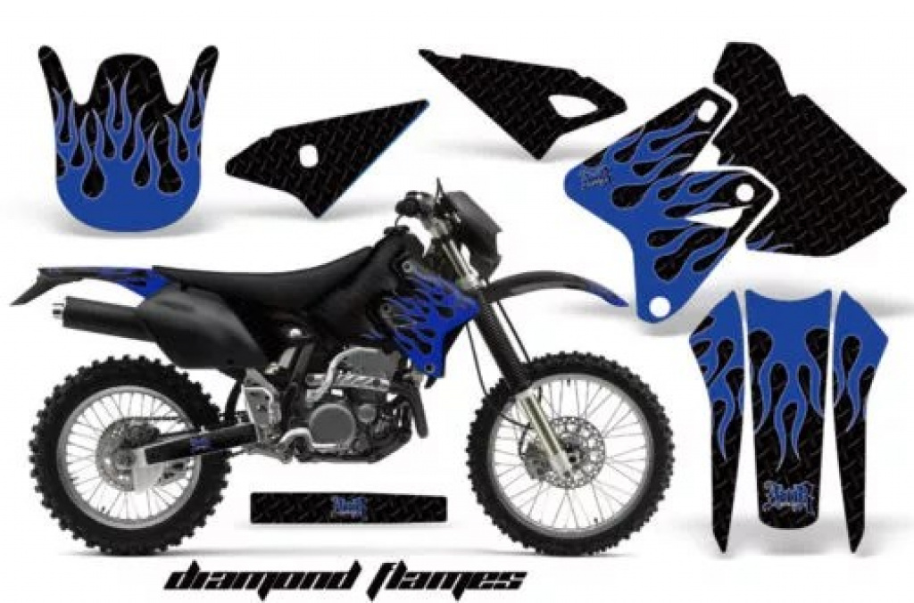 Diamond Flames Background = Black, Design color = Blue without number plates for Kawasaki KLX400 2000-2016