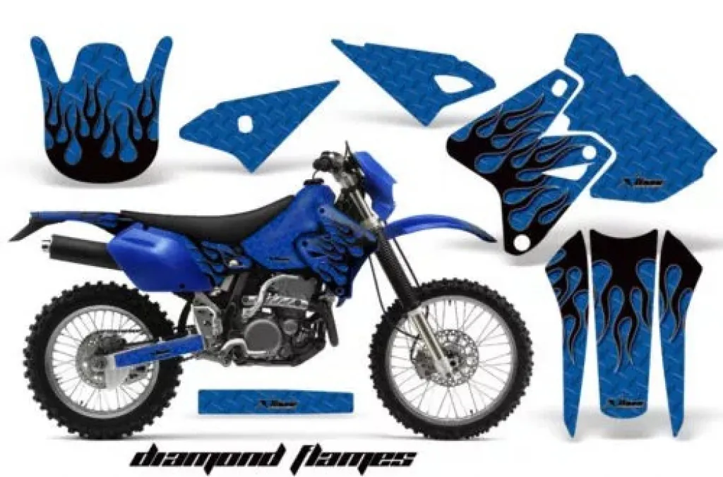 Diamond Flames Hintergrund = Blau, Designfarbe = Schwarz ohne Nummernfeldern für Kawasaki KLX400 2000-2016