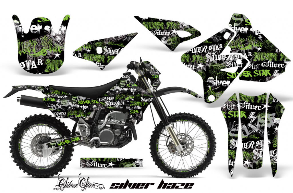 SilverStar - Silverhaze Background = Black, Design color = Green with number plates for Kawasaki KLX400 2000-2016