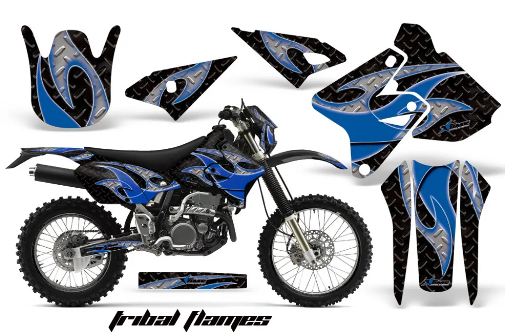 Tribal Flames Hintergrund = Schwarz, Designfarbe = Blau mit Nummernfeldern für Kawasaki KLX400 2000-2016