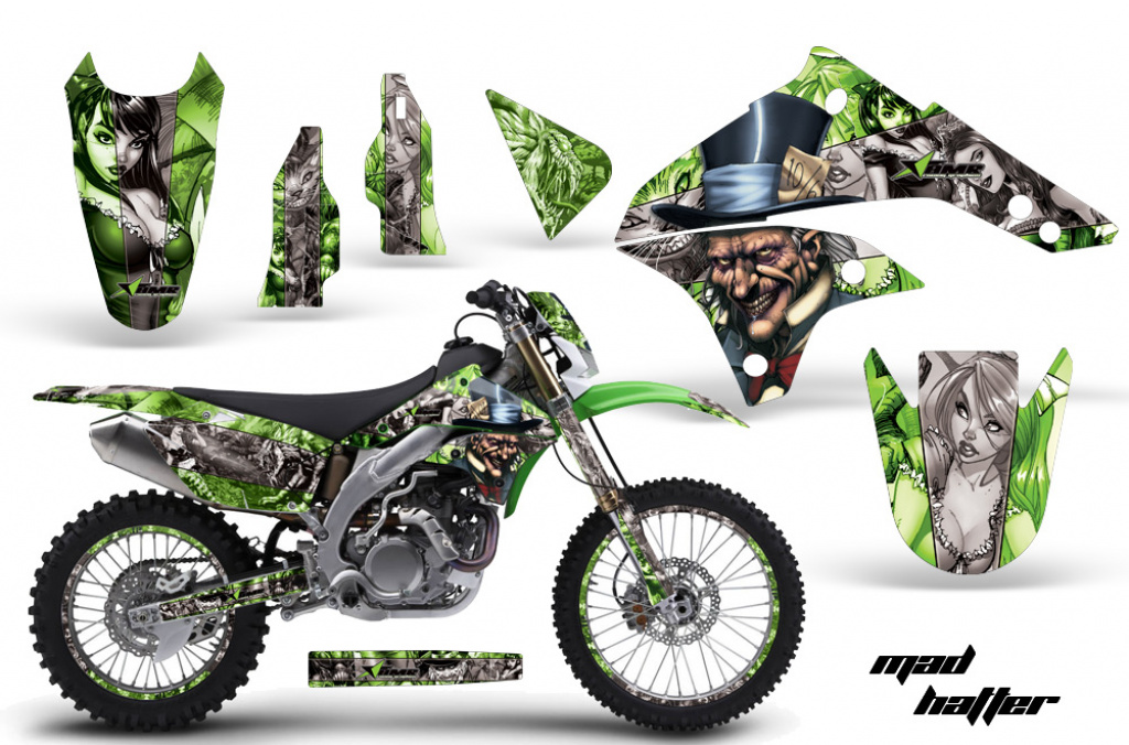 Mad-Hatter Hintergrund = Grün, Designfarbe = Silber mit Nummernfeldern für Kawasaki KLX450 2008-2022
