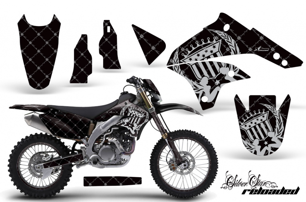 SilverStar - Reloaded Hintergrund = Schwarz, Designfarbe = Silber mit Nummernfeldern für Kawasaki KLX450 2008-2022