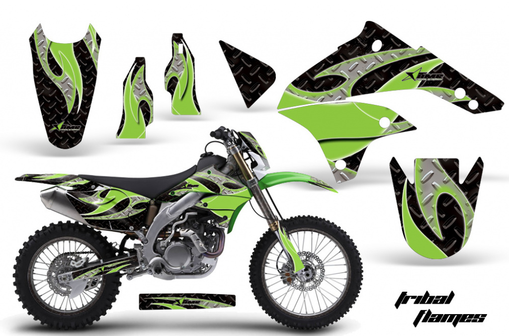 Tribal Flames Hintergrund = Schwarz, Designfarbe = Grün mit Nummernfeldern für Kawasaki KLX450 2008-2022
