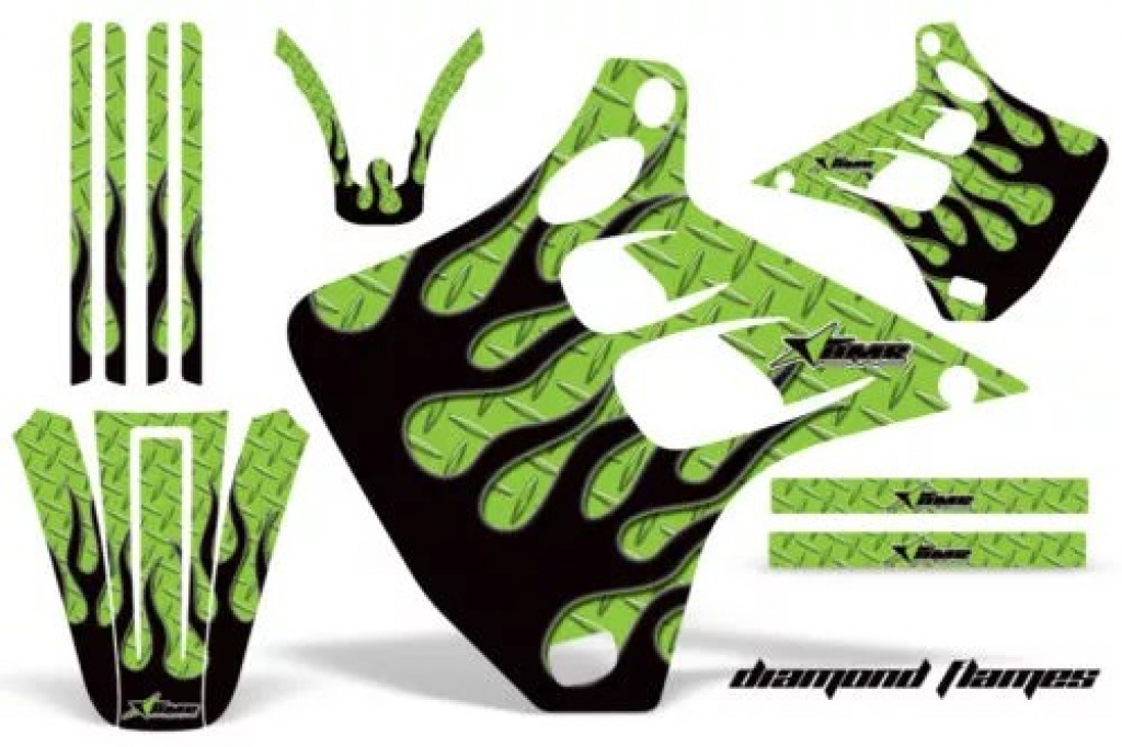 Diamond Flames Hintergrund = Grün, Designfarbe = Schwarz ohne Nummernfeldern für Kawasaki KX125/250 1990-1991
