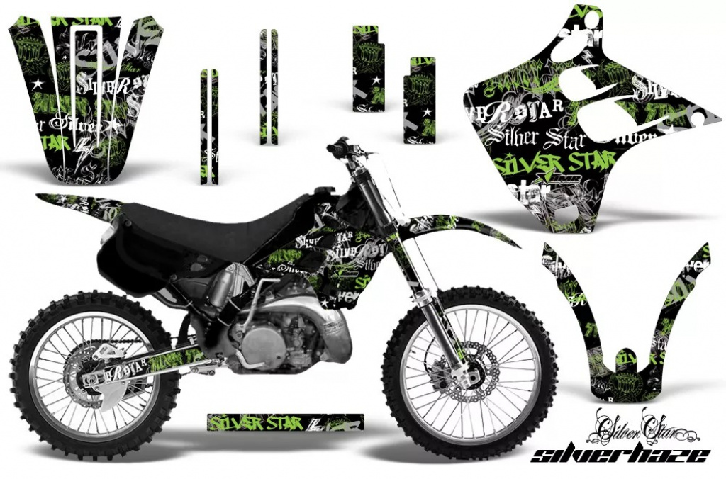 SilverStar - Silverhaze Hintergrund = Schwarz, Designfarbe = Grün ohne Nummernfeldern für Kawasaki KX125/250 1990-1991
