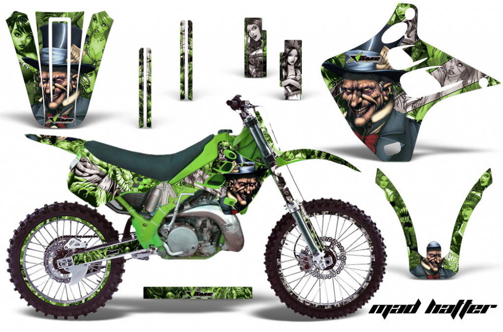 Mad-Hatter Hintergrund = Grün, Designfarbe = Silber mit Nummernfeldern für Kawasaki KX125/250 1990-1991