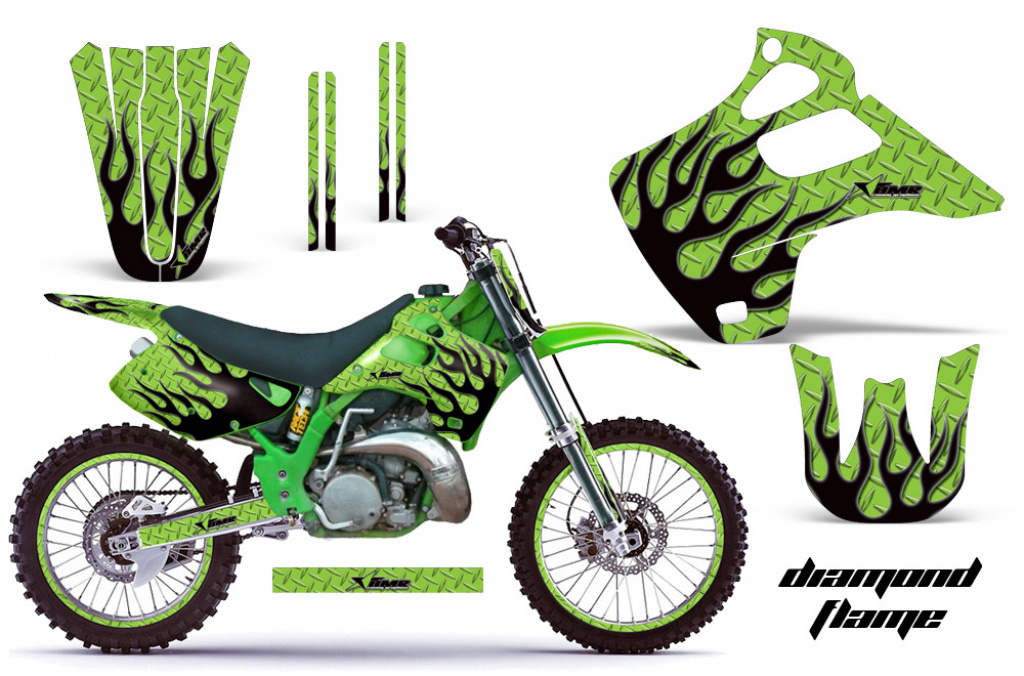 Diamond Flames Hintergrund = Grün, Designfarbe = Schwarz mit Nummernfeldern für Kawasaki KX125/250 1992-1993