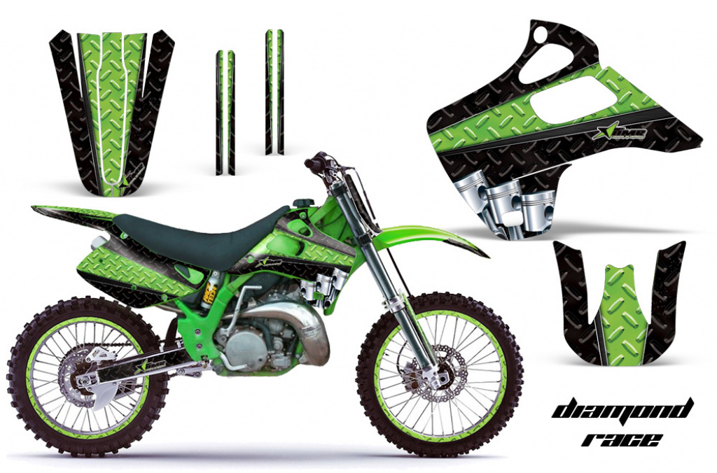 Diamond Race Hintergrund = Schwarz, Designfarbe = Grün mit Nummernfeldern für Kawasaki KX125/250 1992-1993