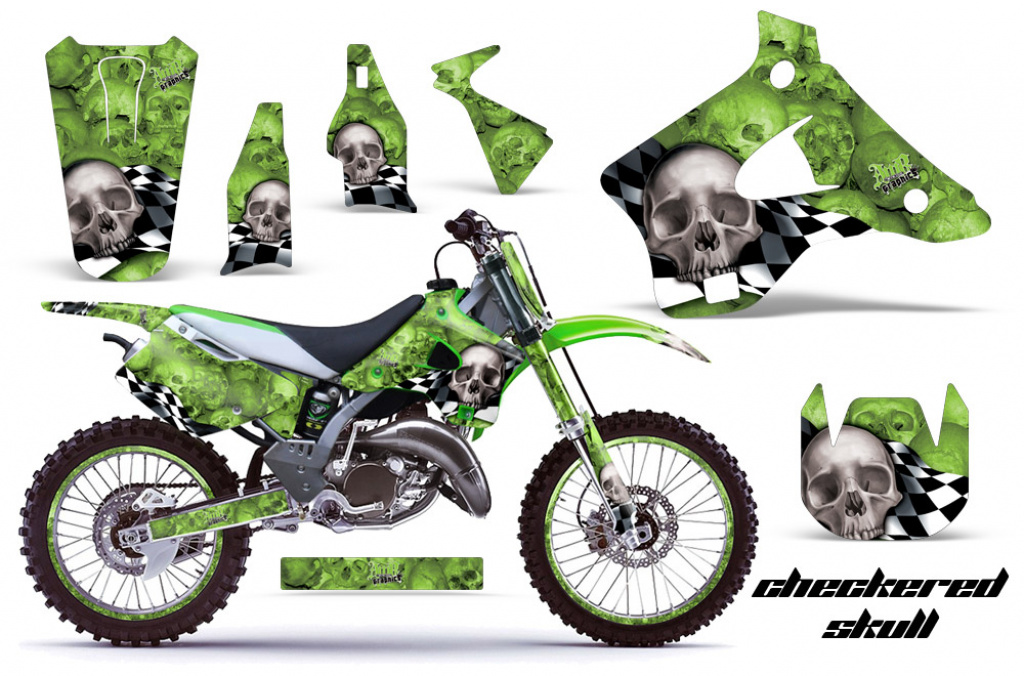 Checkered Skull Hintergrund = Grün, Designfarbe = Silber mit Nummernfeldern für Kawasaki KX125/250 1994-1998