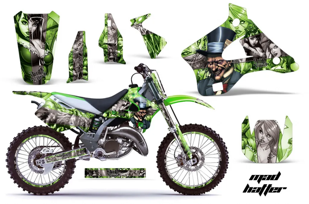 Mad-Hatter Hintergrund = Grün, Designfarbe = Silber mit Nummernfeldern für Kawasaki KX125/250 1994-1998