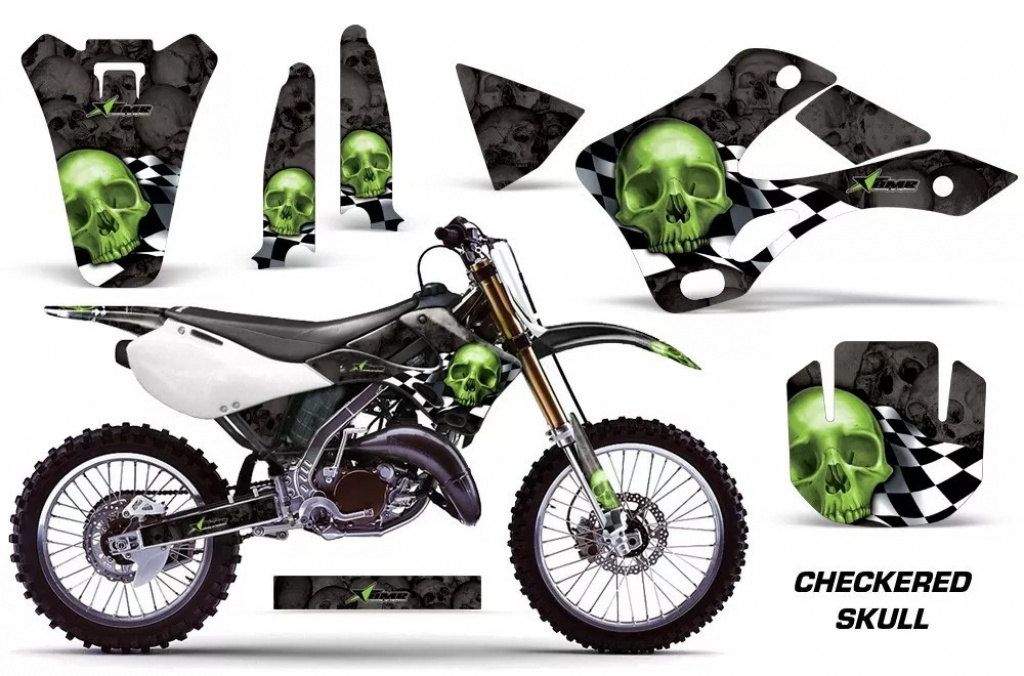 Checkered Skull Hintergrund = Schwarz, Designfarbe = Grün ohne Nummernfeldern für Kawasaki KX125/250 1999-2002