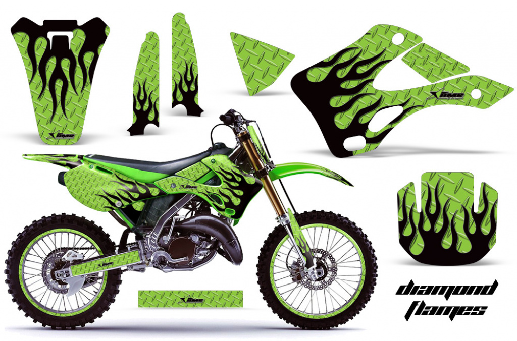 Meltdown Hintergrund = Grün, Designfarbe = Schwarz mit Nummernfeldern für Kawasaki KX125/250 1999-2002