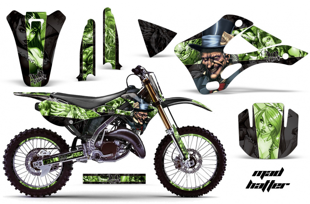 Mad-Hatter Hintergrund = Schwarz, Designfarbe = Grün mit Nummernfeldern für Kawasaki KX125/250 1999-2002