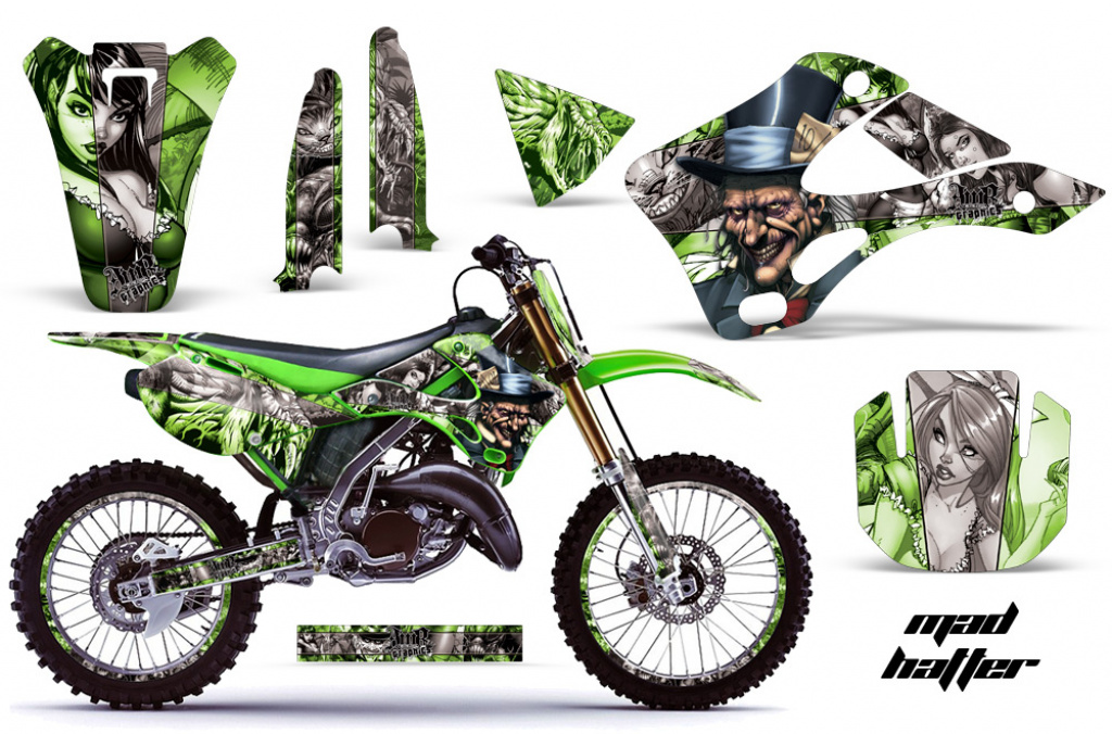 Mad-Hatter Hintergrund = Grün, Designfarbe = Silber mit Nummernfeldern für Kawasaki KX125/250 1999-2002