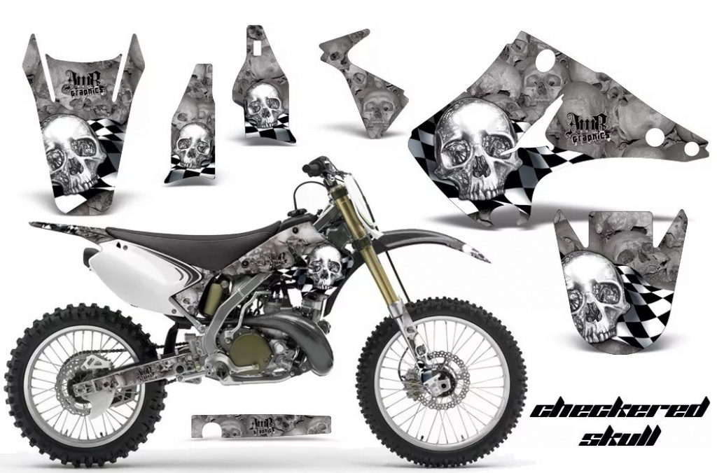 Checkered Skull Hintergrund = Silber, Designfarbe = Weiß ohne Nummernfeldern für Kawasaki KX125/250 2003-2016