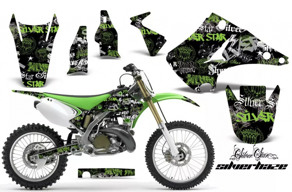 SilverStar - Silverhaze Hintergrund = Schwarz, Designfarbe = Grün ohne Nummernfeldern für Kawasaki KX125/250 2003-2016