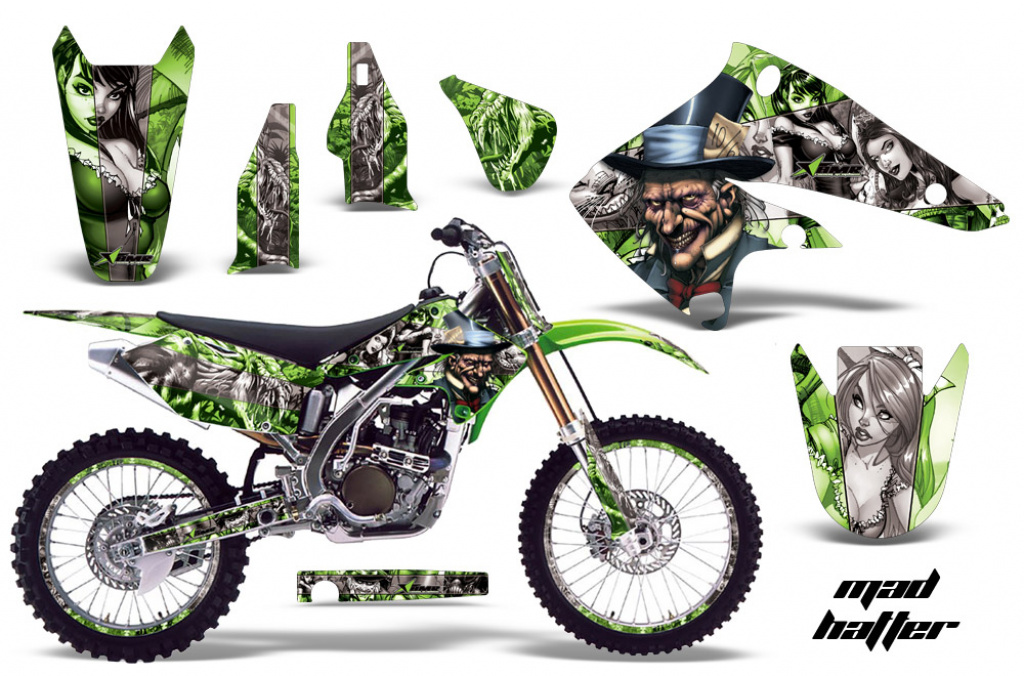 Mad-Hatter Background = Green, Design color = Silver with number plates for Kawasaki KX250F 2004-2005