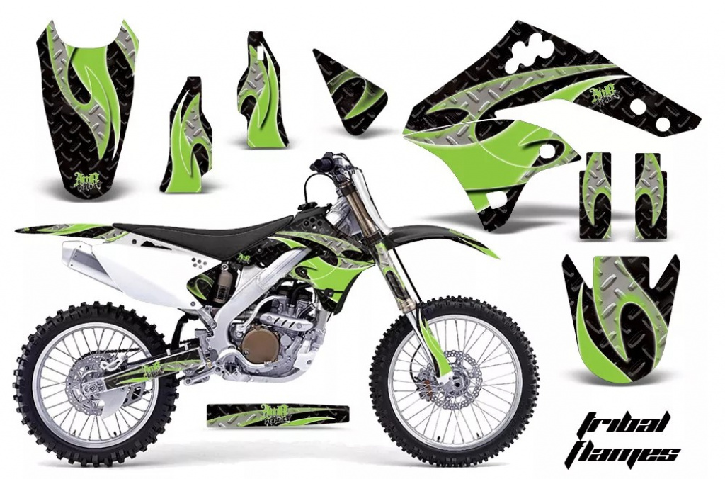Tribal Flames Background = Black, Design color = Green without number plates for Kawasaki KX250F 2006-2008