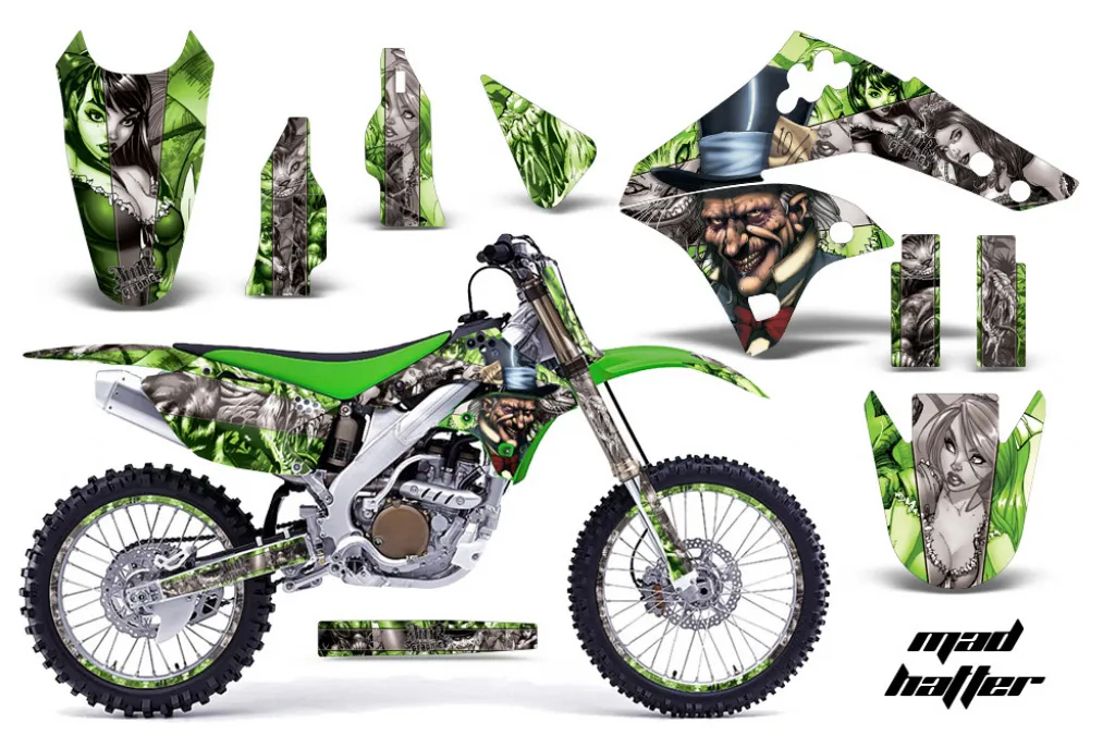 Mad-Hatter Hintergrund = Grün, Designfarbe = Silber mit Nummernfeldern für Kawasaki KX250F 2006-2008