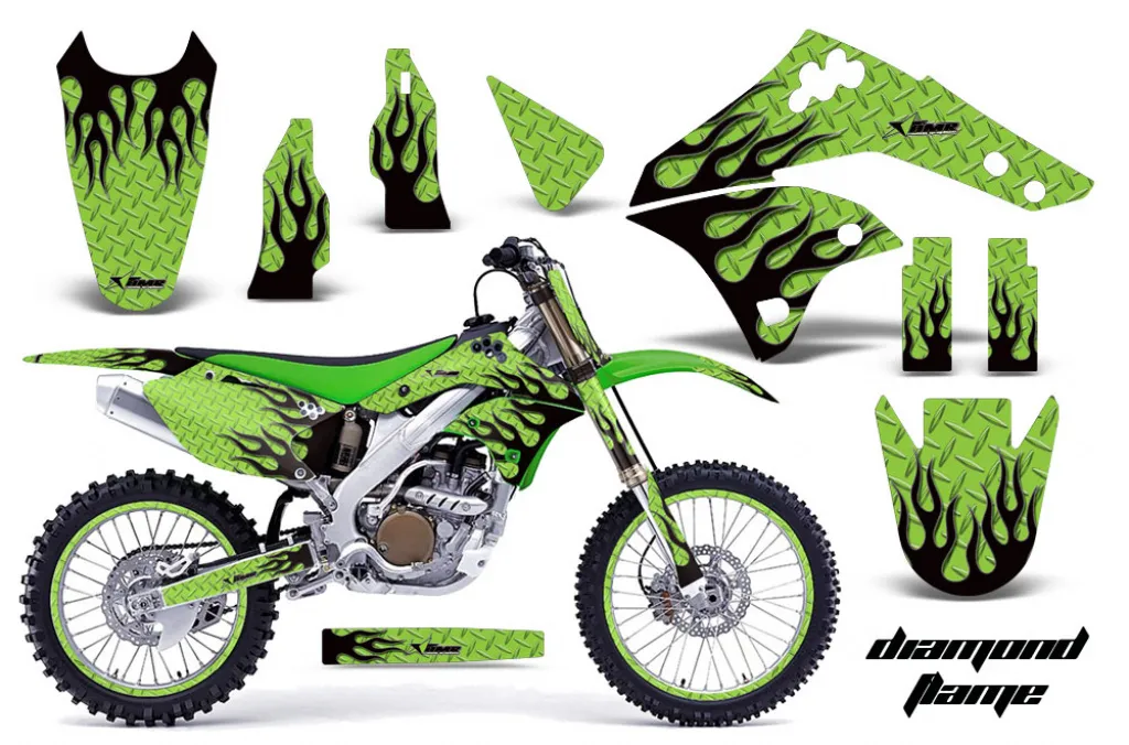 Diamond Flames Hintergrund = Grün, Designfarbe = Schwarz mit Nummernfeldern für Kawasaki KX250F 2006-2008
