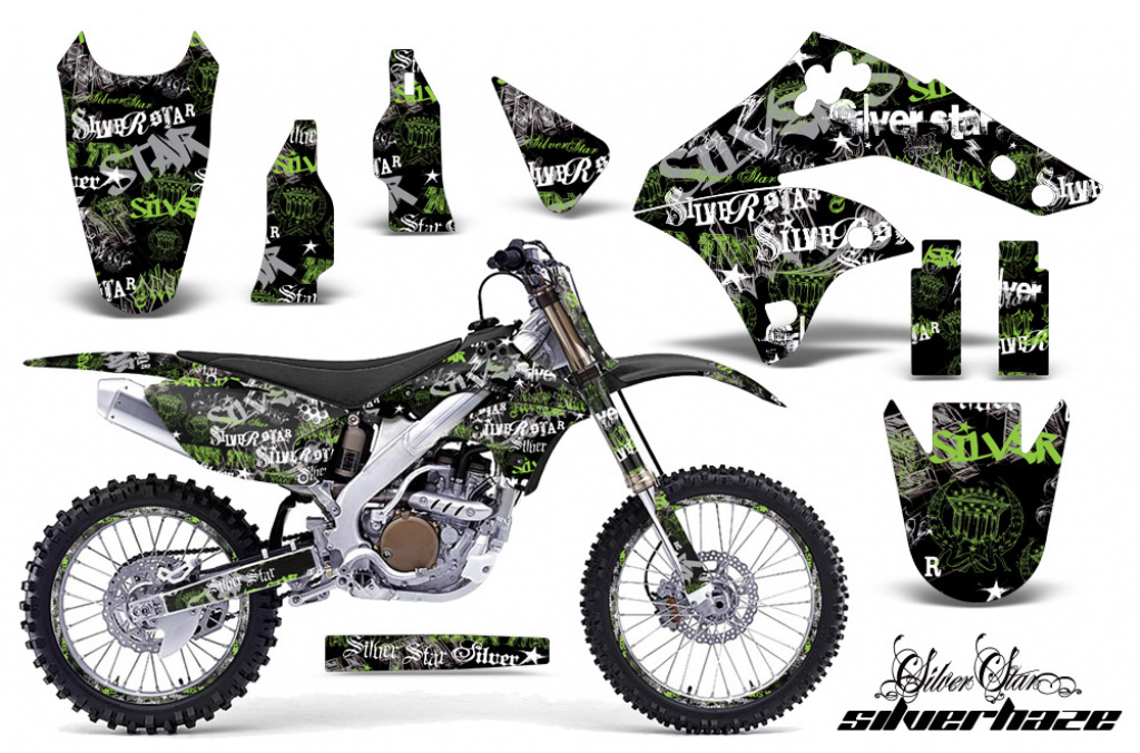 SilverStar - Silverhaze Background = Black, Design color = Green with number plates for Kawasaki KX250F 2006-2008