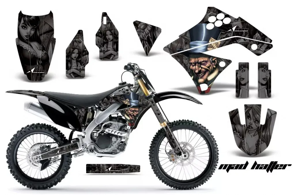 Mad-Hatter Hintergrund = Schwarz, Designfarbe = Schwarz ohne Nummernfeldern für Kawasaki KX250F 2009-2012