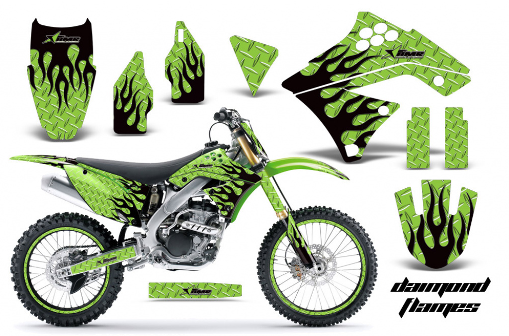 Diamond Flames Background = Green, Design color = Black with number plates for Kawasaki KX250F 2009-2012