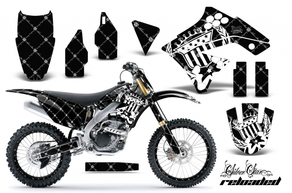 SilverStar - Reloaded Background = Black, Design color = White with number plates for Kawasaki KX250F 2009-2012
