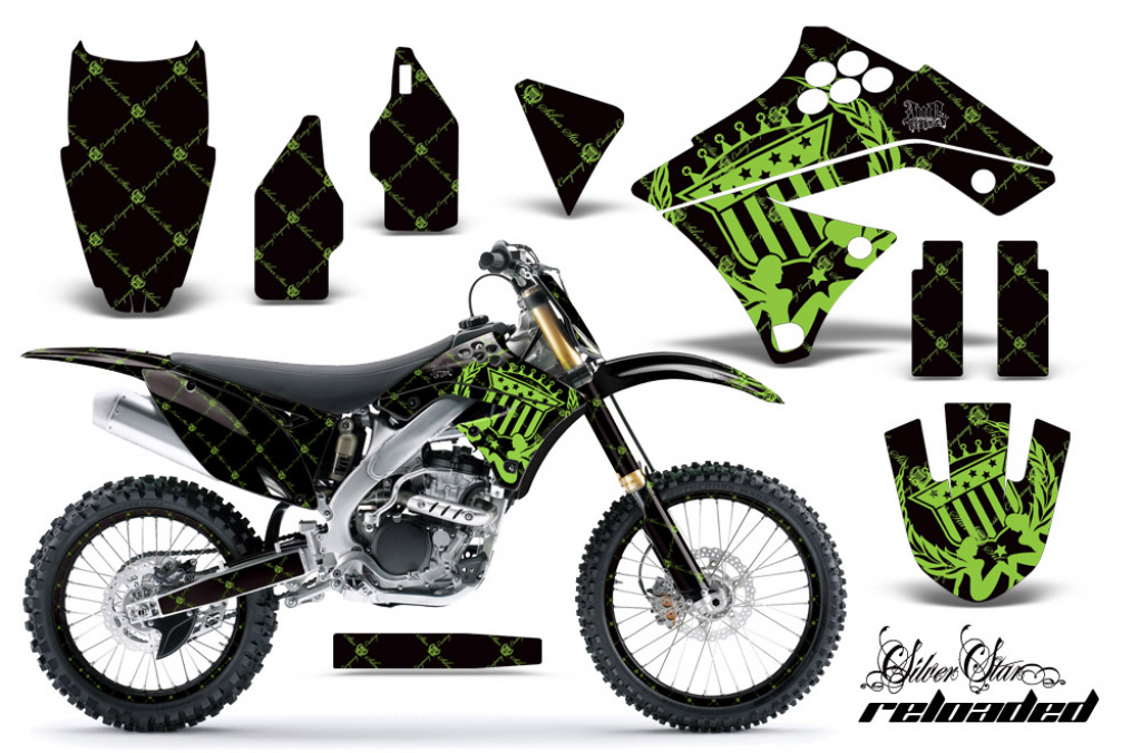 SilverStar - Reloaded Background = Black, Design color = Green with number plates for Kawasaki KX250F 2009-2012