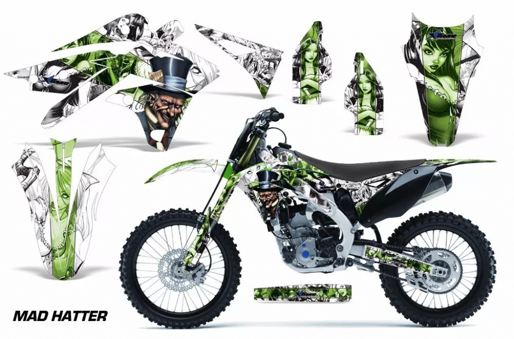 Mad-Hatter Hintergrund = Weiß, Designfarbe = Grün ohne Nummernfeldern für Kawasaki KX250F 2013-2016