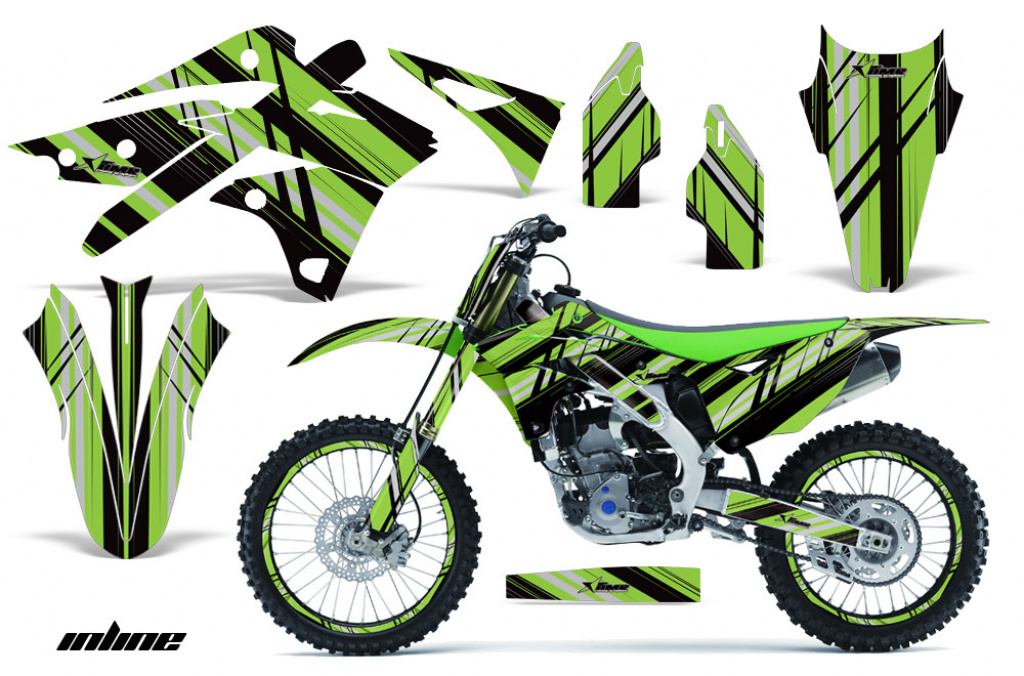 In Line Hintergrund = Schwarz, Designfarbe = Grün mit Nummernfeldern für Kawasaki KX250F 2013-2016