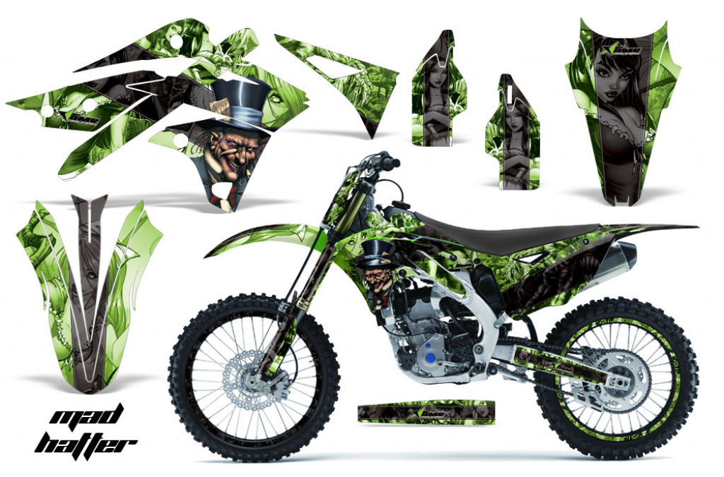 Mad-Hatter Hintergrund = Grün, Designfarbe = Schwarz mit Nummernfeldern für Kawasaki KX250F 2013-2016