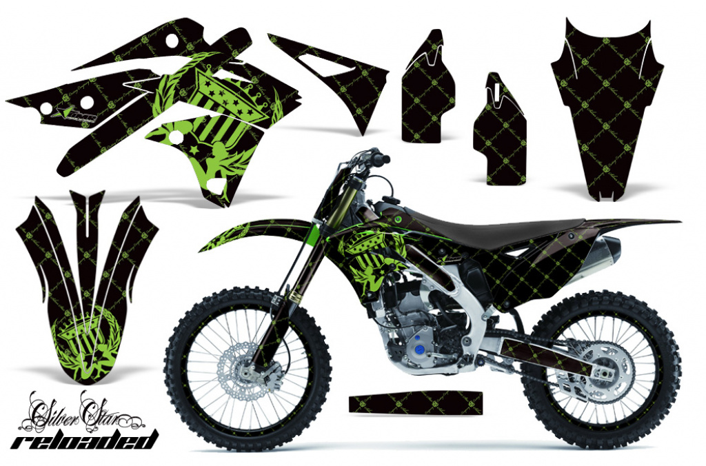 SilverStar - Reloaded Hintergrund = Schwarz, Designfarbe = Grün mit Nummernfeldern für Kawasaki KX250F 2013-2016