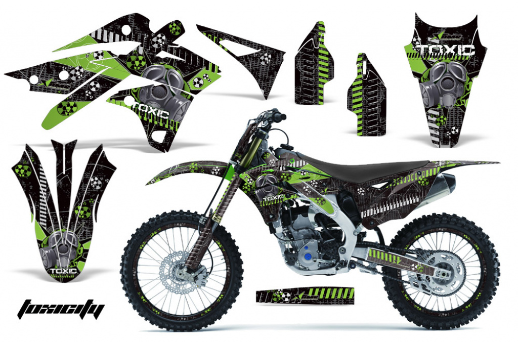 Toxicity Hintergrund = Schwarz, Designfarbe = Grün mit Nummernfeldern für Kawasaki KX250F 2013-2016