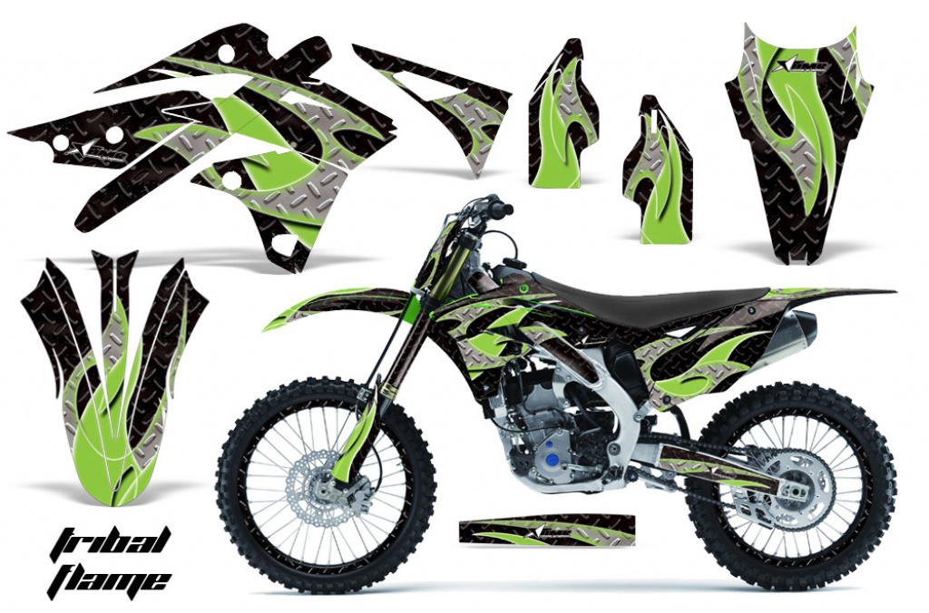 Tribal Flames Hintergrund = Schwarz, Designfarbe = Grün mit Nummernfeldern für Kawasaki KX250F 2013-2016