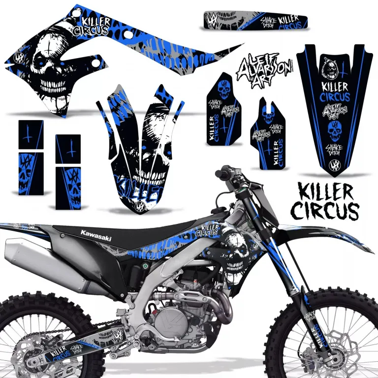 Killer Circus Hintergrund = Silber, Designfarbe = Blau ohne Nummernfeldern für Kawasaki KX250F 2021-2024