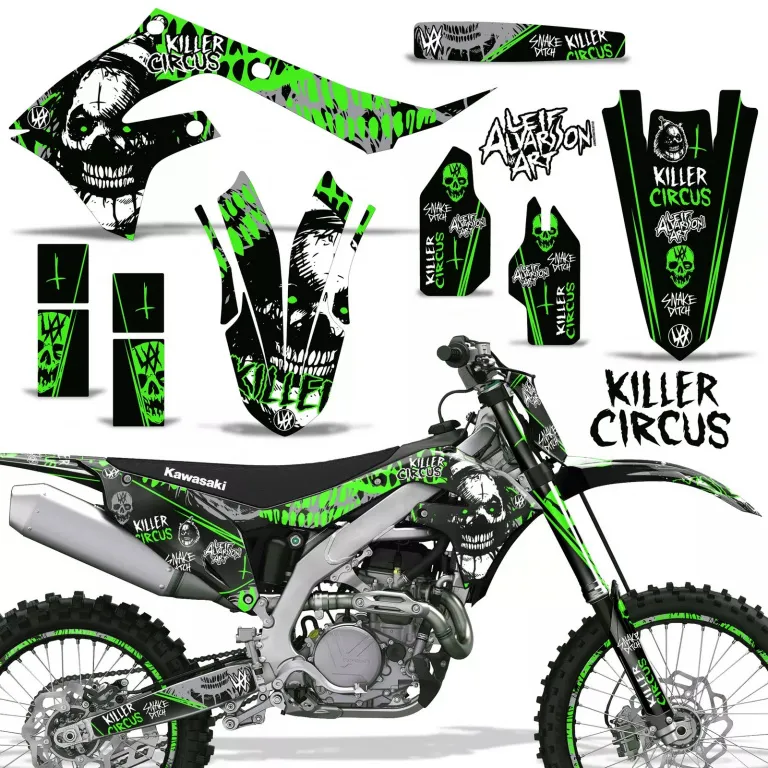 Killer Circus Hintergrund = Silber, Designfarbe = Grün mit Nummernfeldern für Kawasaki KX250F 2021-2024
