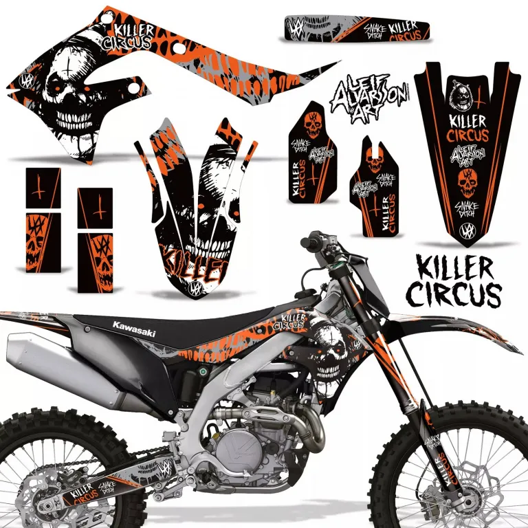 Killer Circus Hintergrund = Silber, Designfarbe = Orange ohne Nummernfeldern für Kawasaki KX250F 2021-2024