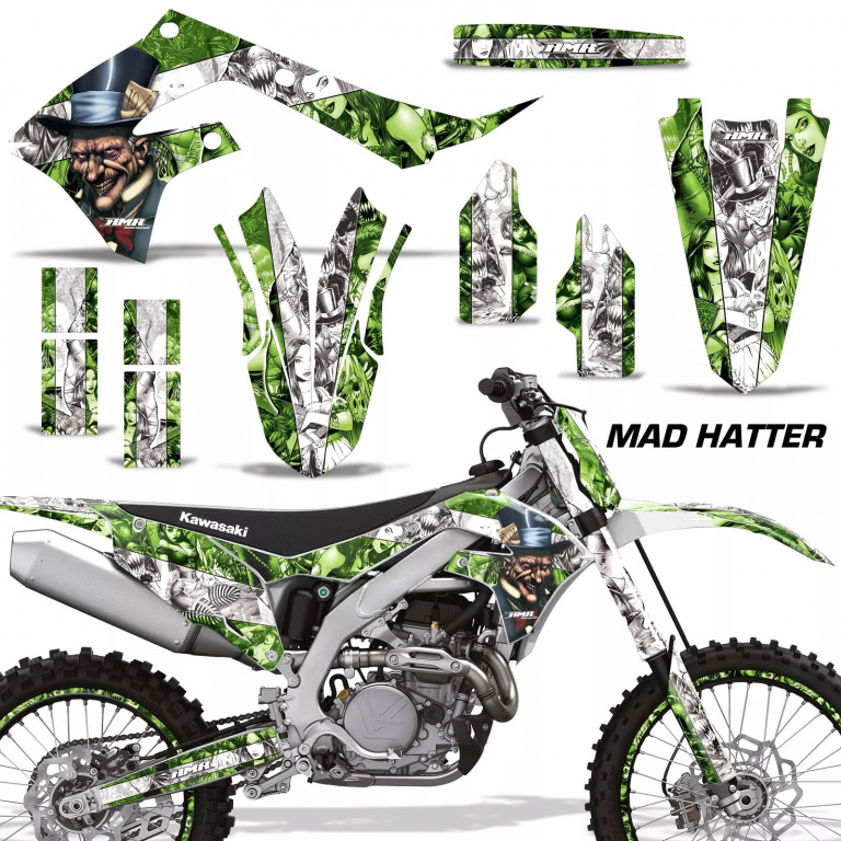 Mad-Hatter Background = Green, Design color = White with number plates for Kawasaki KX450F 2019-2023