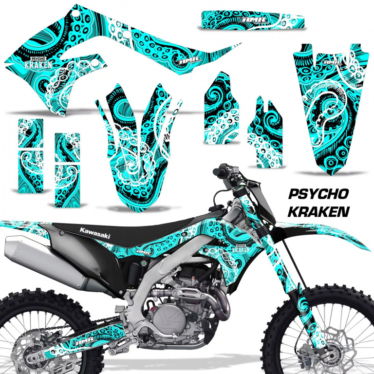 Psycho Kraken Background = Black, Design color = Teal Blue without number plates for Kawasaki KX450F 2019-2023