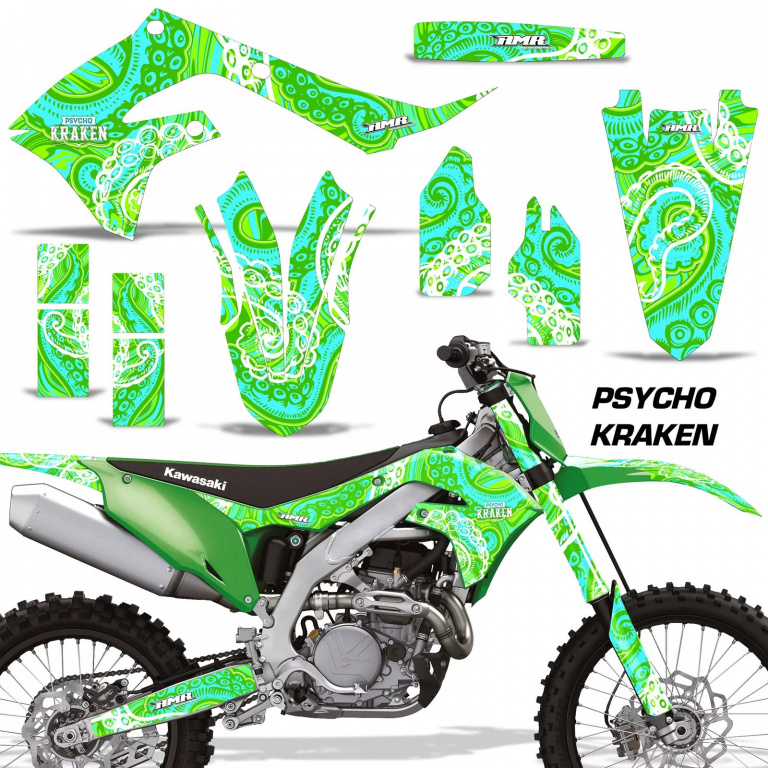 Psycho Kraken Background = Green, Design color = Teal Blue without number plates for Kawasaki KX450F 2019-2023