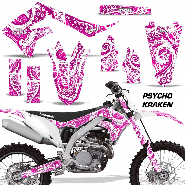 Psycho Kraken Background = Pink, Design color = White without number plates for Kawasaki KX450F 2019-2023