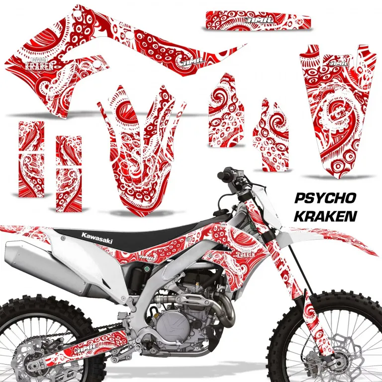 Psycho Kraken Hintergrund = Rot, Designfarbe = Weiß ohne Nummernfeldern für Kawasaki KX250F 2021-2024