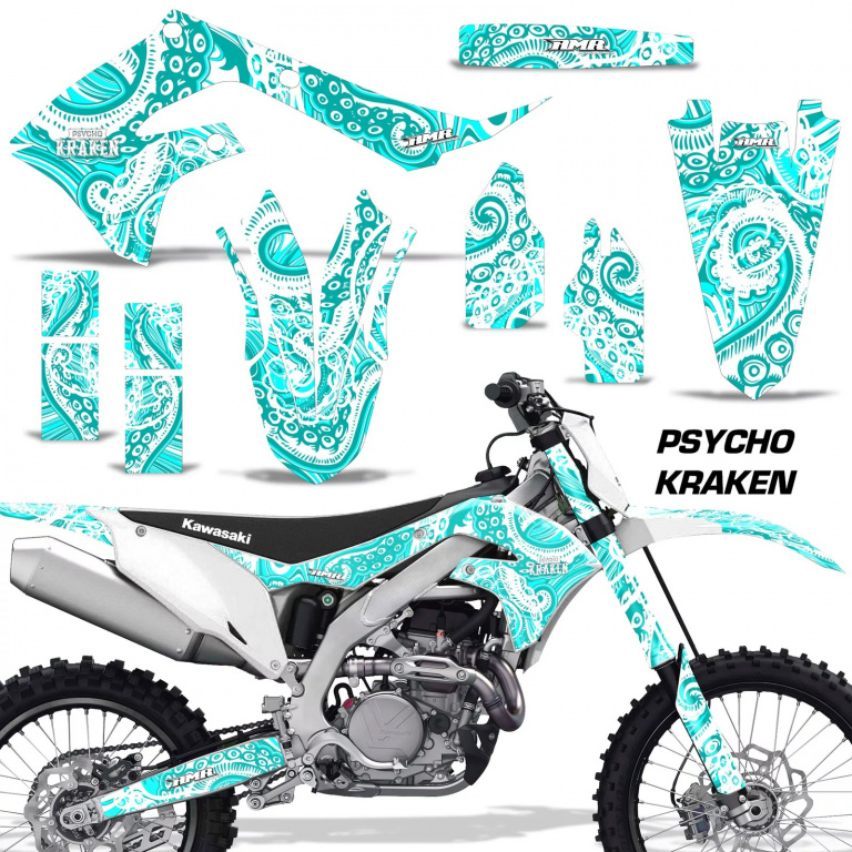 Psycho Kraken Background = Teal Blue, Design color = White without number plates for Kawasaki KX450F 2019-2023