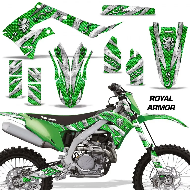 Royal Armor Hintergrund = Grün, Designfarbe = Silber ohne Nummernfeldern für Kawasaki KX250F 2021-2024
