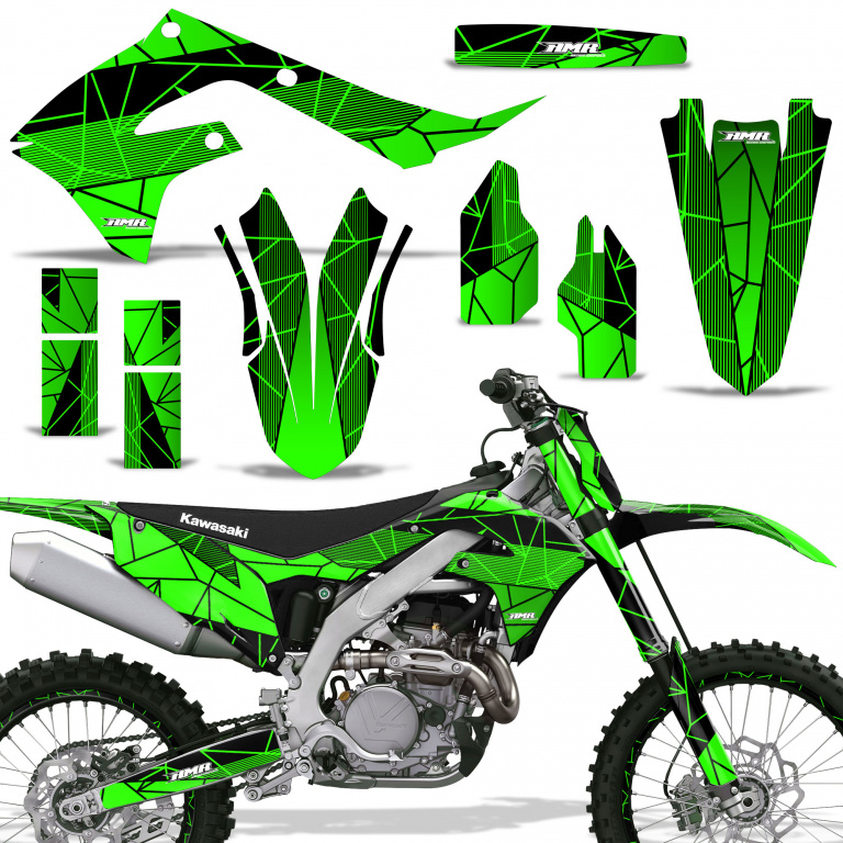 Geometrik Background = Black, Design color = Green with number plates for Kawasaki KX450F 2019-2023