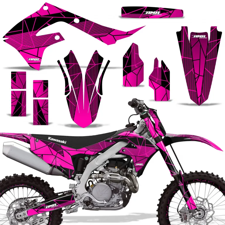 Geometrik Hintergrund = Schwarz, Designfarbe = Pink mit Nummernfeldern für Kawasaki KX250F 2021-2024