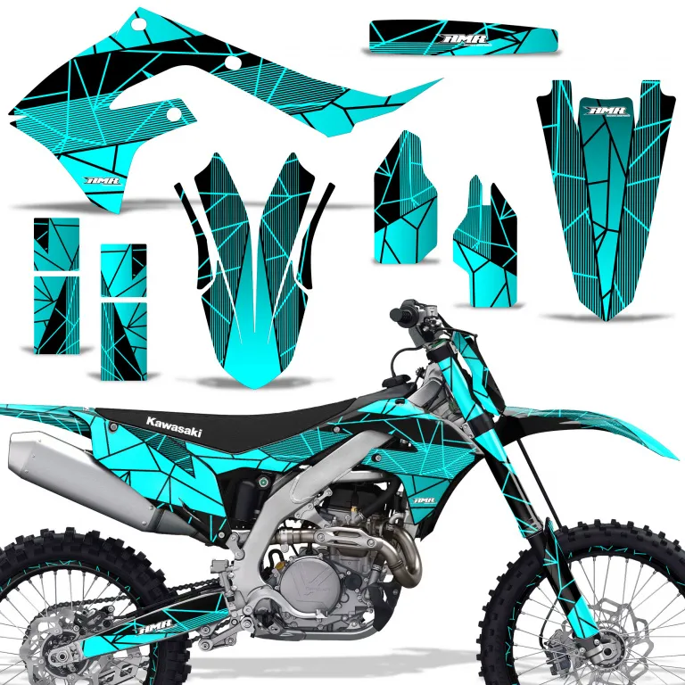 Geometrik Hintergrund = Schwarz, Designfarbe = Teal Blau mit Nummernfeldern für Kawasaki KX250F 2021-2024