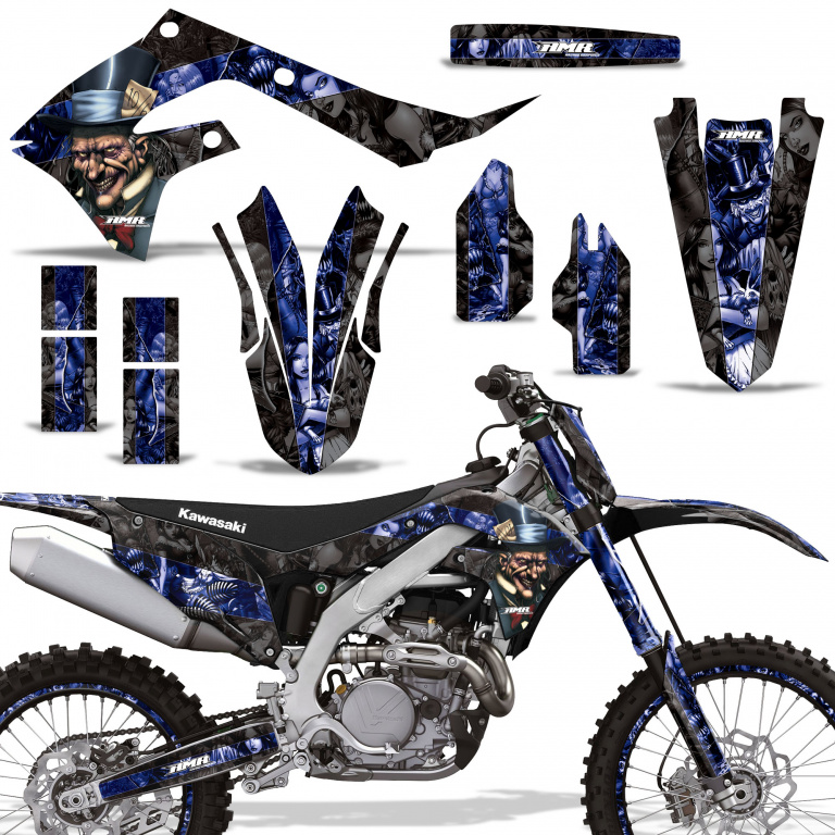 Mad-Hatter Background = Black, Design color = Blue with number plates for Kawasaki KX450F 2019-2023